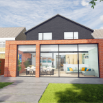 Strong red brick arches, large format sliding doors and painted black brick rear elevation